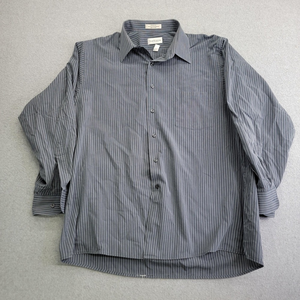 Van Heusen Shirt Mens XL 17 32/33 Gray Striped Dress Wrinkle Free Regular Fit
